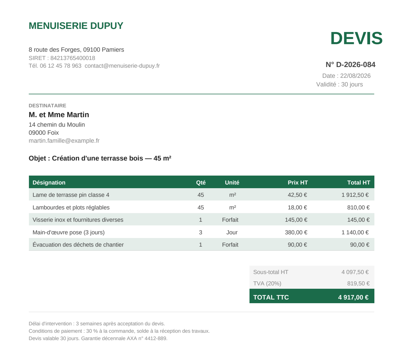 Devis professionnel généré par XENORYS : terrasse bois 45 m², détail des lignes et total TTC